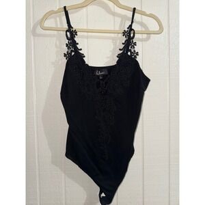 Lulus Black Floral Crochet Lace V-Neck Bodysuit Sleeveless Snap Closure Large